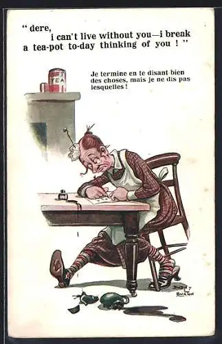 Künstler-AK sign. Dudley Buxton: Frau am Tisch ist Teekanne runtergefallen