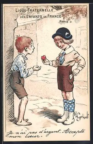 Künstler-AK sign.: H. Gerhault, Kind verschenkt sein Herz an einen armen Jungen