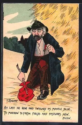 Künstler-AK sign. F. Macleoy: Landstreicher hinterm Heuhaufen