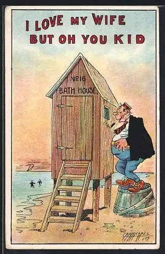 Künstler-AK sign. Carmichael: Mann schmult durchs Fenster von Umkleidekabine