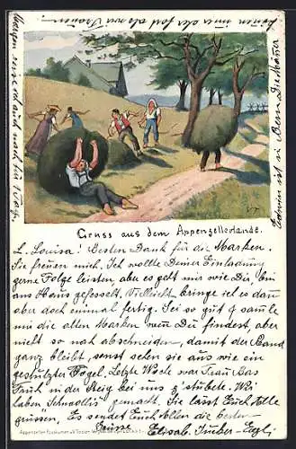 Künstler-AK sign. V. Tobler: Appenzell, Bauern bei der Arbeit
