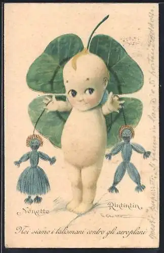 Künstler-AK sign. G. Crotta: Kleinkind mit Puppen vor Kleeblatt