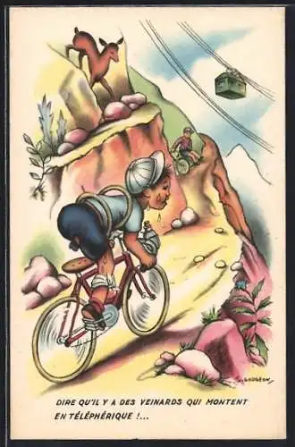 Künstler-AK sign. L. Gougeon: Radfahrer in den Bergen