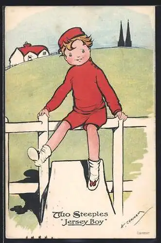 Künstler-AK sign. H. Cownam: Junge sitzt auf dem Zaun