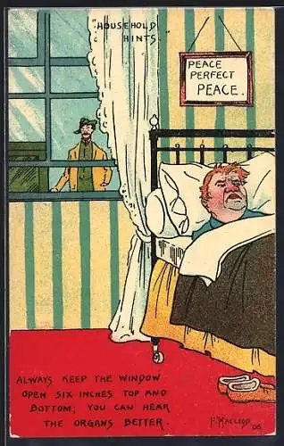 Künstler-AK sign. F. Macleoy: Mann liegt krank im Bett