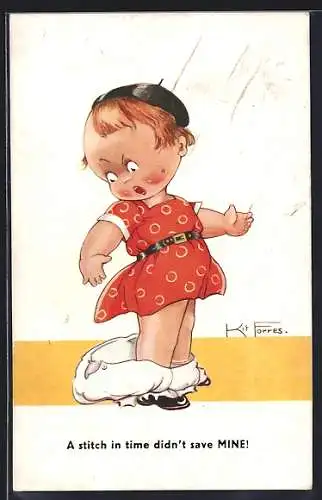 Künstler-AK sign. Kit Forres: Mädchen mit runtergerutschter Hose