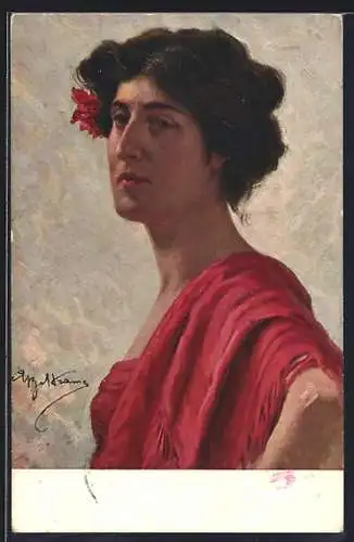 Künstler-AK sign. Achille Beltrame: Frau mit roter Blume im Haar