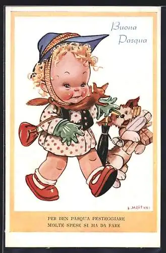 Künstler-AK sign. L. Martini: Mädchen und Hund mit Paketen, Ostergruss