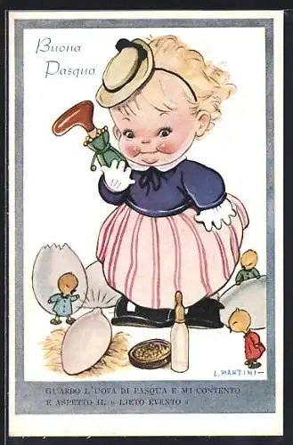 Künstler-AK sign. L. Martini: Mädchen mit geschlüpften Küken, Ostergruss