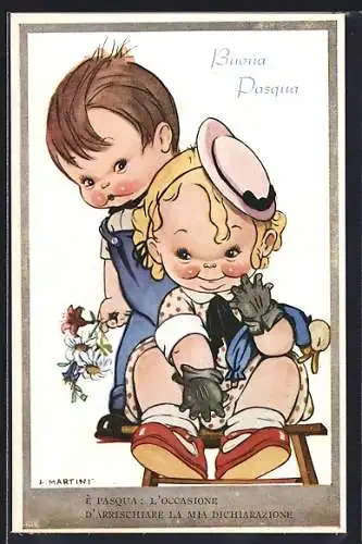 Künstler-AK sign. L. Martini: Kinderpaar mit Blumen