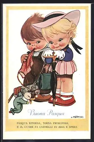 Künstler-AK sign. L. Martini: Kinderpaar mit Pferdchen und Ente, Ostergruss