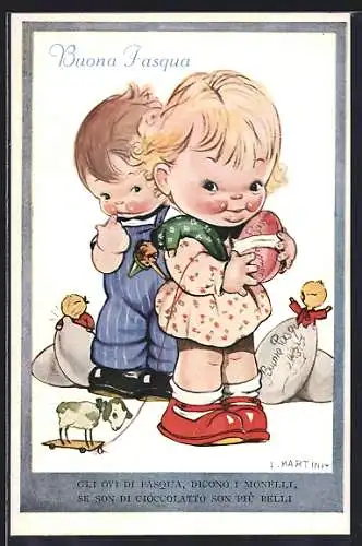 Künstler-AK sign. L. Martini: Kinderpaar mit geschlüpften Küken, Ostergruss