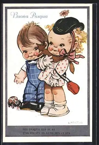 Künstler-AK sign. F. Spotti: Kinderpaar mit Spielzeugauto, Ostergruss