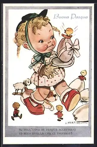Künstler-AK sign. F. Spotti: Mädchen mit geschlüpftem Küken, Ostergruss