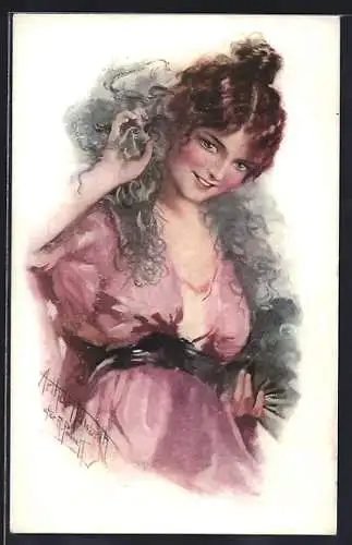 Künstler-AK sign. Arthur Haworth: Junge Frau im rosafarbenen Kleid