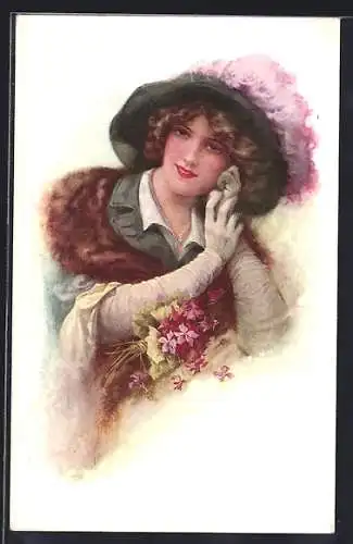 Künstler-AK sign. Arthur Haworth: Junge Dame mit Federhut