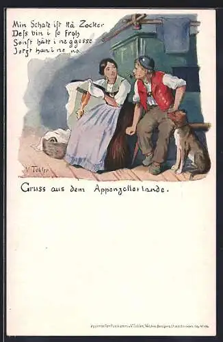 AK Schweiz, Appenzeller Paar in Tracht mit Hund