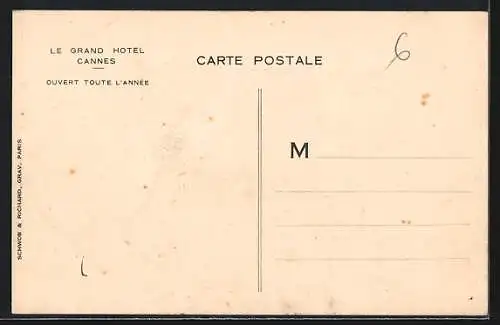 AK Cannes, Le Grand Hôtel avec plage privée et vue sur la promenade