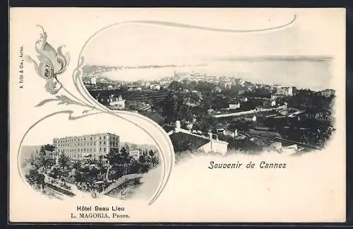 AK Cannes, Souvenir de Cannes avec vue panoramique et Hôtel Beau Lieu