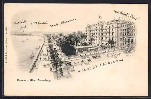 AK Cannes, Hôtel Beaurivage et promenade animée le long de la côte
