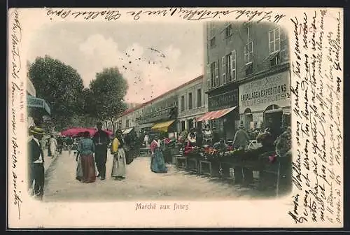 AK Nice, Marché aux fleurs avec passants et étals colorés