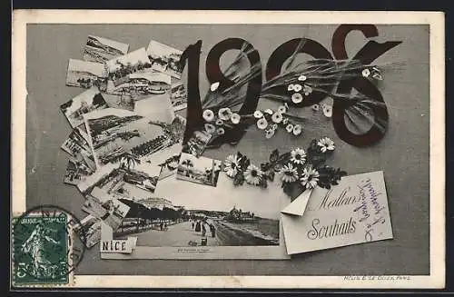 AK Nice, Montage de photos avec voeux de 1908 et fleurs