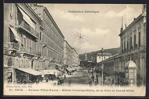 AK Nice, Avenue Félix-Faure avec Hôtels Cosmopolitain, de la Paix et Grand-Hôtel