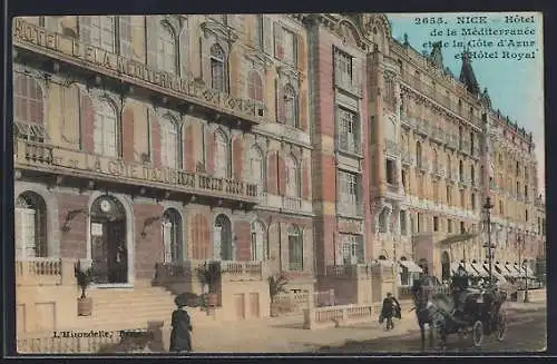 AK Nice, Hôtel de la Méditerranée et de la Côte d`Azur avec calèche sur la rue