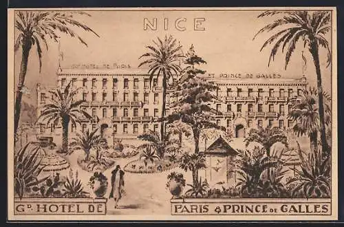 AK Nice, Grand Hôtel de Paris et Prince de Galles avec jardins et palmiers