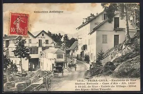 AK Peira-Cava, Entrée du village avec Hôtel des Alpes et Hôtel Trucchi, station estivale à 1500m