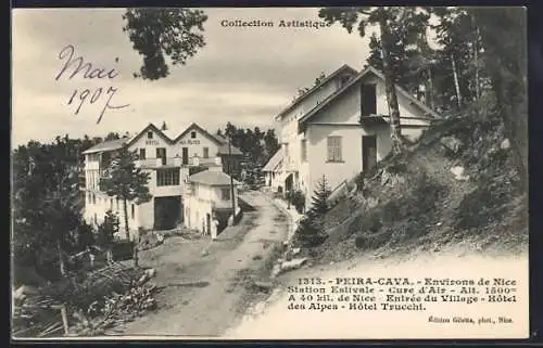 AK Peira-Cava, Entrée du village et hôtels des Alpes et Truchi, station estivale près de Nice