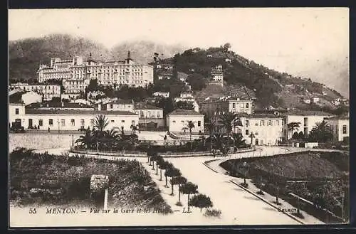 AK Menton, Vue sur la Gare et les Hôtels
