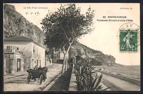 AK Menton-Garavan, Promenade St-Louis et route d`Italie avec voiture ancienne