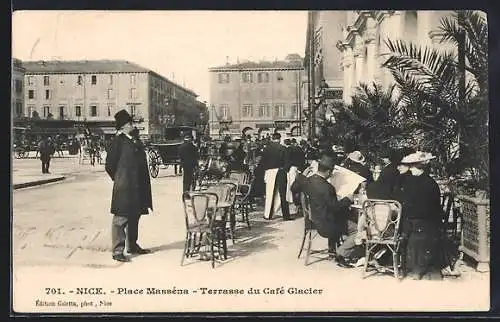 AK Nice, Place Masséna, Terrasse du Café Glacier