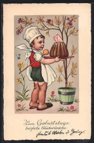 AK Bäcker mit einem Kuchen, Geburtstagsgruss