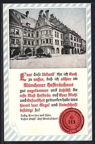 AK München, Gasthof Hofbräuhaus mit parkenden Autos davor