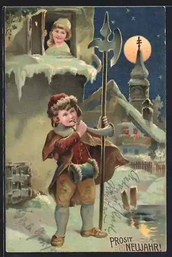 AK Nachtwächter vor dem Fenster der Dame, Neujahrsgruss