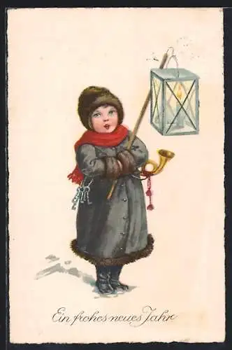AK Nachtwächter mit Laterne und Horn, Neujahrsgruss