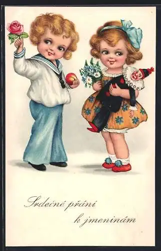 AK Kinderpaar mit einem Kasperle