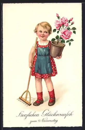 AK Gärtnerin mit Blumentopf und Rechen, Glückwunsch zum Namenstag