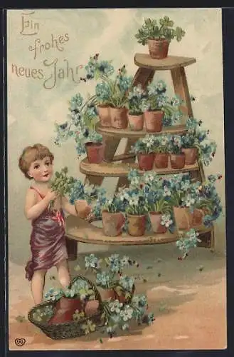 Präge-AK Gärtnerin am Regal mit Blumentöpfen, Neujahrsgruss