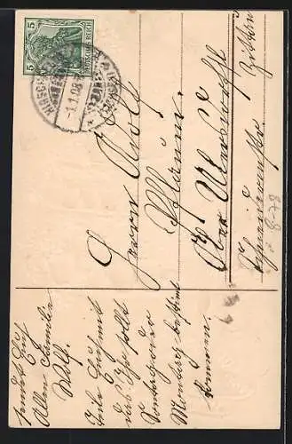 Präge-AK Gärtnerin am Regal mit Blumentöpfen, Neujahrsgruss