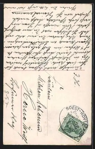 AK München, Münchner Kindl schaut in einen Bierkrug