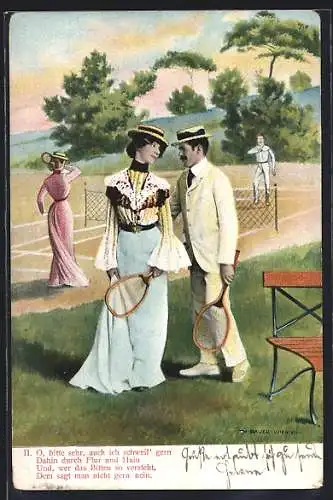 AK Pärchen flirtet auf dem Tennisplatz