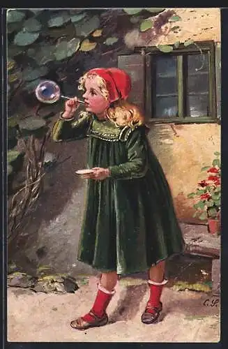 AK Mädchen macht vor dem Haus Seifenblasen, Spiel