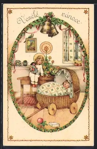 AK Christkind schaut zu Baby im Kinderwagen, Weihnachtsgruss