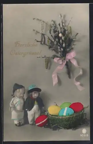AK Puppenpaar mit Osterkorb und Kätzchenzweigen, Ostergruss