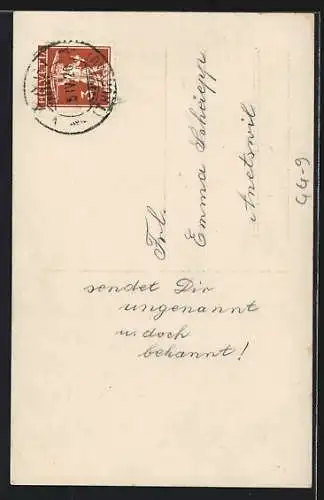 AK Puppenpaar mit Osterkorb und Kätzchenzweigen, Ostergruss