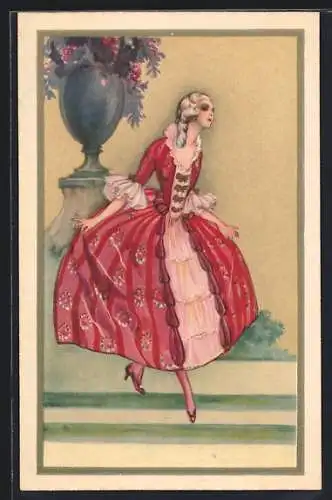 AK Dame in Kleid auf Treppe, Rokoko, Barock, Art Deco