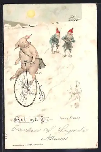 Künstler-AK sign. Jenny Nyström: Schwein mit Tasche fähr auf einem Fahrrad durch den Schnee